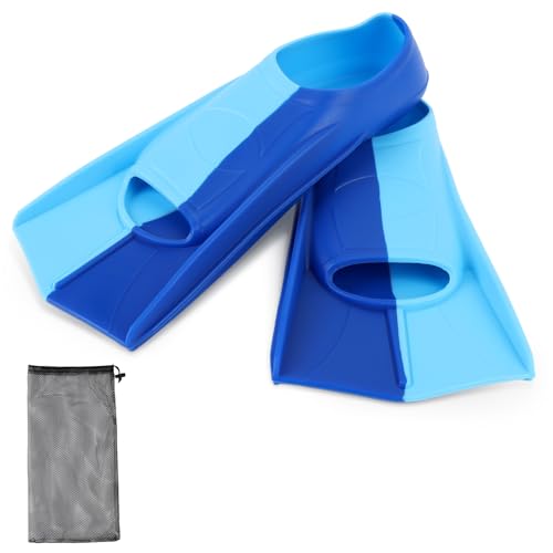 1 Paar Schwimmflossen, Silikon Kurzflossen Professionelle Kinder Schwimmen Flossen für Training und Lap Schwimmen für Kinder Erwachsene (Dunkelblau und Hellblau, XS) von ZEMBSOYA