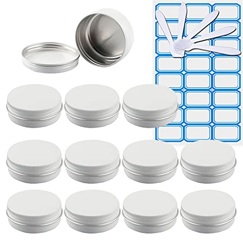 ZEOABSY 10 Stück 60ml Weiß Aluminium Leer Döschen Runde Alu Dosen mit Schraubdeckel Cremedose Schraubdose Aludose Tins für Kosmetik Kerze Salben 5X Spatel, 1x Etikette von ZEOABSY