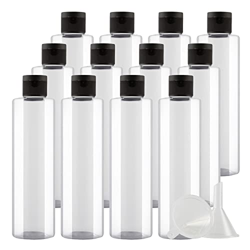 ZEOABSY 12 Stück Leer 250ml Transparent PET Kunststoff Flasche mit Schwarz Klappdeckel, Flache Schulter Tragbare Flasche für Kosmetische Flüssigkeiten Öl Reisen von ZEOABSY