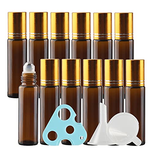 ZEOABSY 24 Stück 10ml Leer Braune Amber Roll-On Glasflaschen Ätherisches Öl Flaschen mit Gold Schraubverschluss Edelstahl Kugel, für Parfüm, Aromatherapie DIY + 3 x Trichter, 1 x Öffner von ZEOABSY