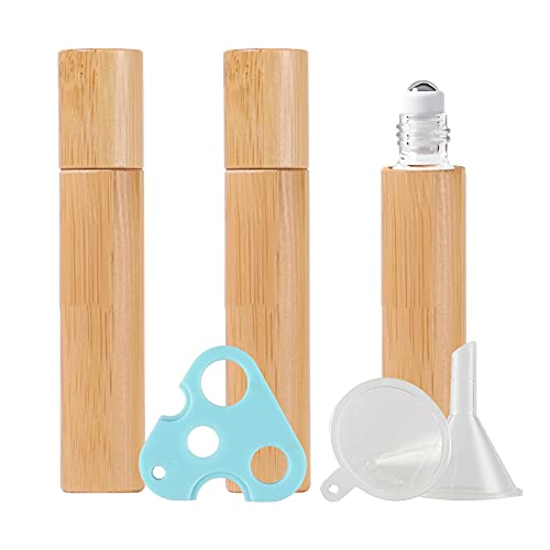 ZEOABSY 3 Stück Leere 10 ml klarglas Roller Flaschen mit Bambusschale, Natur Bambus Roll-On Glasflaschen mit Edelstahl-Roller, 1 x Trichter, 1 x Öffner für Ätherische Essential Oil, Aromatherapie von ZEOABSY