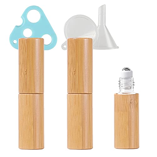 ZEOABSY 3 Stück Leere 5 ml klarglas Roller Flaschen mit Bambusschale, Natur Bambus Roll-On Glasflaschen mit Edelstahl-Roller, 1 x Trichter, 1 x Öffner für Ätherische Essential Oil, Aromatherapie von ZEOABSY