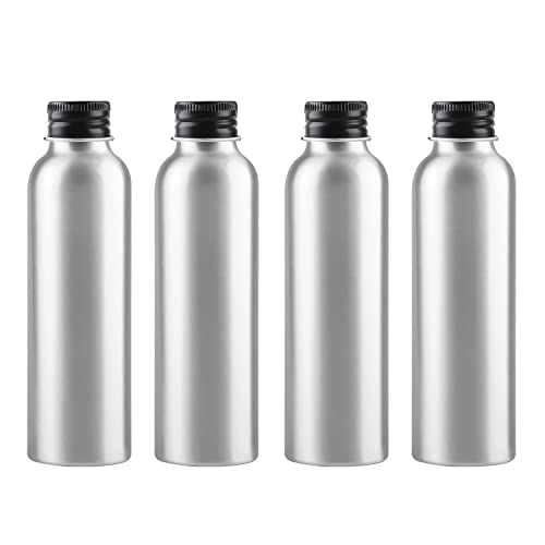 ZEOABSY 4 Stück 120 ml Leere Rund Silber Aluminium Flasche mit Aluminium Schraubdeckel Schwarz, 120ml Schraubflaschen aus Aluminium zum befüllen für Kosmetik Essenzen Öle Badezimmer Hotel Reisen von ZEOABSY