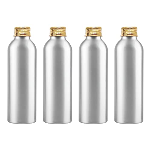 ZEOABSY 4 Stück 150 ml Leere Rund Silber Aluminium Flasche mit Aluminium Schraubdeckel Gold, 150ml Schraubflaschen aus Aluminium zum befüllen für Kosmetik Essenzen Öle Badezimmer Hotel Reisen von ZEOABSY