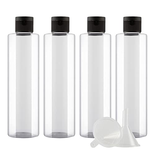 ZEOABSY 4 Stück Leer 250ml Transparent PET Kunststoff Flasche mit Schwarz Klappdeckel, Flache Schulter Tragbare Flasche für Kosmetische Flüssigkeiten Öl Reisen von ZEOABSY