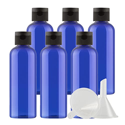 ZEOABSY 6 Stück Leer 100ml Blau PET Kunststoff Flasche mit Schwarz Klappdeckel, Runden Tragbare Flasche für Kosmetische Flüssigkeiten Öl Reisen von ZEOABSY