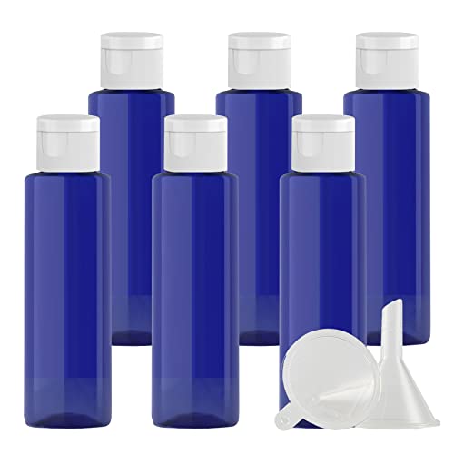 ZEOABSY 6 Stück Leer 100ml Blau PET Kunststoff Flasche mit Weiß Klappdeckel, Flache Schulter Tragbare Flasche für Kosmetische Flüssigkeiten Öl Reisen von ZEOABSY
