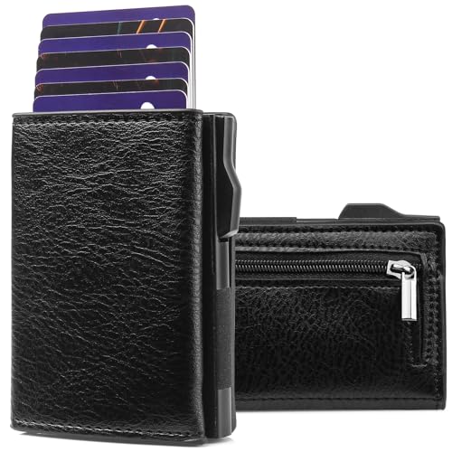 ZEWZI Leder Kartenetui mit RFID-Schutz - Pop-Up-Geldbörse für Kreditkarten - Geldbeutel mit Magnetverschluss und Zip Portemonnaie mit Münzfach und Scheinfach von ZEWZI