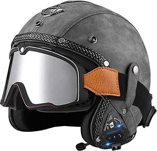 Bluetooth-Leder-Jethelm Vintage-Motorradhelm Mit Großer Rahmenbrille Offener Helm Für Erwachsene Männer Und Frauen Straßenrennen Motorrad Cruiser DOT/ECE-Geprüft 6,L(59-60CM) von ZGFHTY