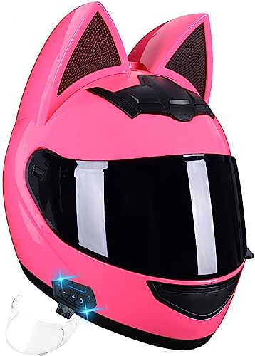 Mädchen-Motorradhelm Mit Katzenohren Bluetooth-Motorrad-Vollhelm Mit Abnehmbaren Ohren Motorradhelm DOT/ECE-Zulassung Für Scooter-Cruiser-Motorradrennen 5,M(54-56CM) von ZGFHTY