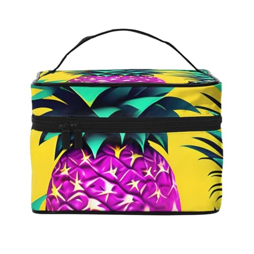 Tragbarer Reise-Make-up-Koffer mit buntem Ananas-Druck, vielseitiger Reißverschluss für Make-up-Tasche, großes Fassungsvermögen, Polyester, Schwarz, Einheitsgröße, Schwarz, One Size von ZHAOLQ