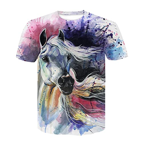 ZHEHUA Farbe Cartoon Tier Pferd 3D-Druck Herren- und Damen-T-Shirt Sommer Rundhals Hip-Hop-Pullover Kurzarm-Oberteil von ZHEHUA