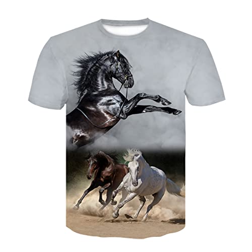 ZHEHUA Graues Cartoon-Tier-Pferd 3D-Druck Herren- und Damen-T-Shirt Sommer-Rundhals-Hip-Hop-Pullover mit kurzen Ärmeln von ZHEHUA