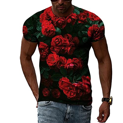 ZHEHUA Rote natürliche Landschaft 3D-Druck Blumenmuster Herren Rundhals T-Shirt Casual Paar Kurzarm Top von ZHEHUA