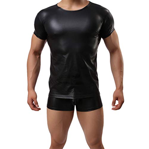 ZHER-LU Herren Sexy Leder Weste Ärmellos/Kurzarm T-Shirt Unterwäsche Tank Tops Unterhemd Bodysuit Gym Muskel Weste Mode (Kurzarm, L) von ZHER-LU
