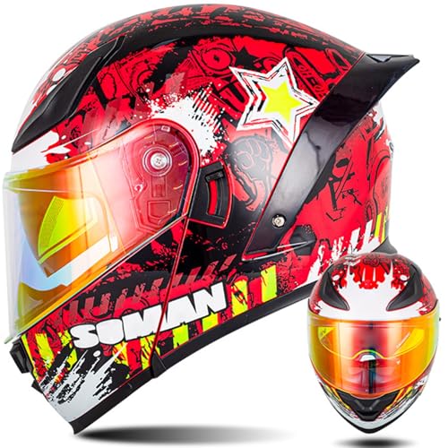 Modulare Motorradhelme, ECE-Geprüfter Klapphelm Integrierter Modularer Helm Mit Doppelter Sonnenblende und Herausnehmbarem Futter Großer Heckhelm Für Männer und Frauen C,2XL63~64CM von ZHMQQDL