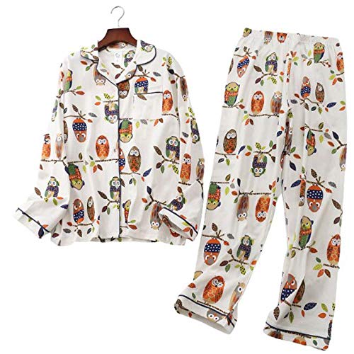 ZHOUBIN Damen Pyjama Set Langarm-Strickhose mit Baumwolldruck, beige Eule, XL Schlafanzug nachtwäsche weich Damen weich Hausanzug Lounge Sets Zweiteilige Winter warm von ZHOUBIN