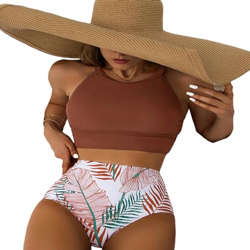 ZHOUT Badeanzug Bikini High Neck Badeanzug Zweisteuelhafter Taille Bikini Set Beach Badeanzug-braun-m von ZHOUT