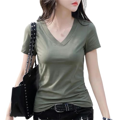 ZHOUT T-Shirts für Damen Skinny T Shirt Frauen V-Ausschnitt Büro T-Shirt Weiblich Kurzarm V-Ausschnitt Baumwolle Sommer T-Shirt Femme Solid Color-grün-3xl von ZHOUT
