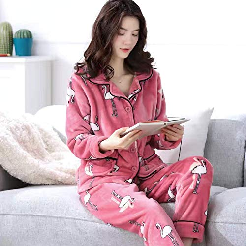 ZHRDRJB Schlafanzug Damen Pyjama Set,Winter 2 Stück Pyjamas Set Flamingo Druck Rosa Lose Warme Flanell Damen Schlafbekleidung Langarm Tops Und Hose Homewear Pyjamas Set, XXL von ZHRDRJB