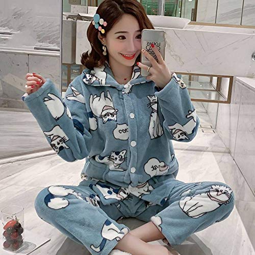 ZHRDRJB Schlafanzug Damen Pyjama Set,Winter Cyan Katze Koralle Fleece Pyjamas Set Dicker Warm Weiche Flanell Homewear Sleepwear Langarm Strickjacke Plus Größe Pyjamas Sets Frauen, M von ZHRDRJB