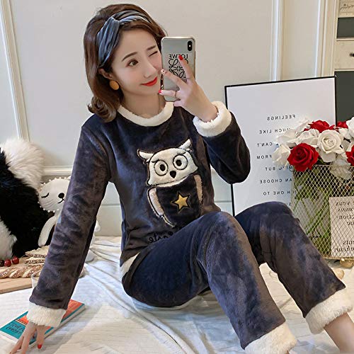 ZHRDRJB Schlafanzug Damen Pyjama Set,Winter Dicke Warme Flanell Sleepwear Langarm Rundhals Pullover Nachtwäsche Süße Schöne Eule Blau Koralle Samt Homewear Pyjamas Set, XXL von ZHRDRJB