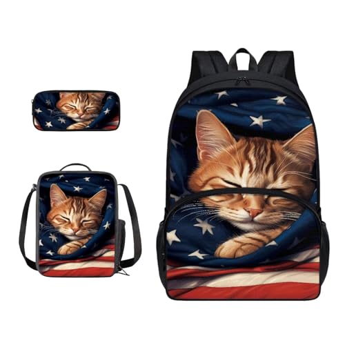 ZIATUBLES 3-in-1-Rucksack-Set, Schüler-Schultasche mit Seitentasche, Reiserucksäcke, Lunch-Tasche, Federmäppchen, Rucksack, Tagesrucksack, Amerikanische Katze, USA-Flagge, One size von ZIATUBLES