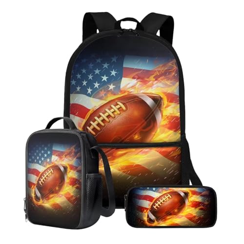 ZIATUBLES 3-in-1-Rucksack-Set für Schüler, Büchertasche, Schultasche, Lunchtasche, Federmäppchen für elementare Jungen, Mädchen, Tagesrucksack, Fußball mit amerikanischer Flagge, One size von ZIATUBLES