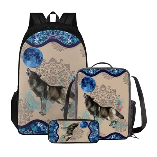 ZIATUBLES Rucksack-Set für Schüler, 43,2 cm, Schultasche, strapazierfähige Büchertasche mit Lunchtasche und Bleistiftbox, Tagesrucksack für den Außenbereich, Boho Mandala Wolf Mond, Einheitsgröße, von ZIATUBLES