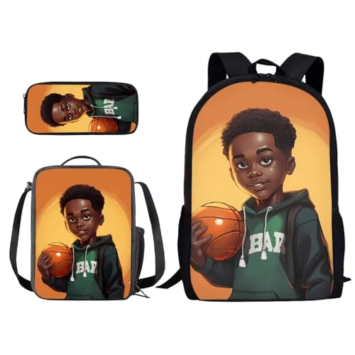 ZIATUBLES Rucksack-Set für Schüler, Büchertasche, 3-teilig, Laptop-Rucksack mit Lunchbox, Federmäppchen, Schultasche, Büchertasche, Tagesrucksack, African Boys Basketball 3, Einheitsgröße, von ZIATUBLES