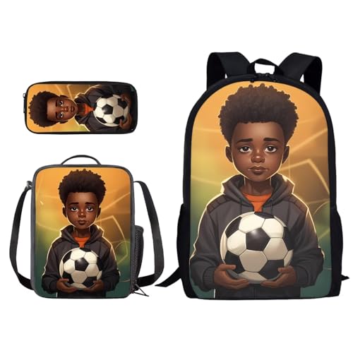 ZIATUBLES Rucksack-Set für Schüler, Büchertasche, 3-teilig, Laptop-Rucksack mit Lunchbox, Federmäppchen, Schultasche, Büchertasche, Tagesrucksack, African Boys Soccer 2, One size von ZIATUBLES
