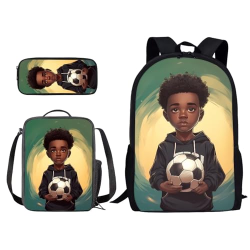 ZIATUBLES Rucksack-Set für Schüler, Büchertasche, 3-teilig, Laptop-Rucksack mit Lunchbox, Federmäppchen, Schultasche, Büchertasche, Tagesrucksack, Afrikanischer Jungenfußball, One size von ZIATUBLES
