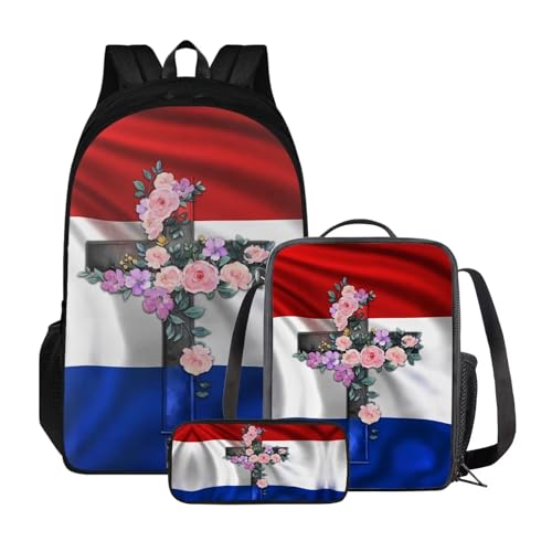 ZIATUBLES Rucksack-Set für Studenten, 43,2 cm, Schultasche, modische Büchertasche mit Lunchtasche und Bleistiftbox, Tagesrucksack für den Außenbereich, Florales Kreuz mit Niederland-Flagge, von ZIATUBLES