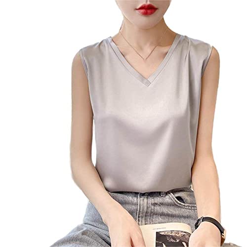 Satin Tank Top Damen,Seidige Damen-Tanktops Aus Seide Mit V-Ausschnitt, Hautfreundlicher Komfort, Silbergrau, Eleganter Stil, Können Zu Jeder Jahreszeit Getragen Werden, Für Den Täglichen Gebrauc von ZIRONG