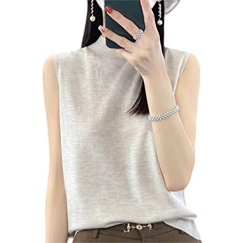 ZIRONG Weste Pullunder Damen,Frühling Ärmelloser Pullover Mit Halbem Rollkragen/Sommer-Wollmischung, Atmungsaktive Pulloverweste/Beige Tanktops Für Damen,S von ZIRONG