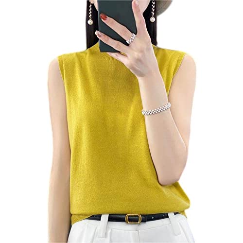 ZIRONG Weste Pullunder Damen,Spring Half Rollkragen Ärmelloser Pullover/Sommer Wollmischung Atmungsaktive Pullover Weste/Damen Gelbe Tanktops,L von ZIRONG