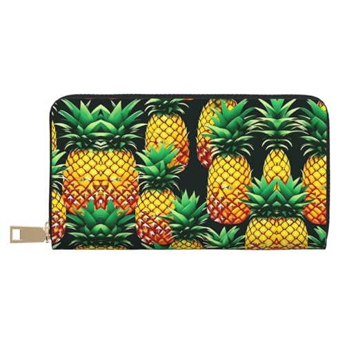 Reisebrieftasche aus Kunstleder mit gelbem Sonnenblumen-Druck, außergewöhnlich lang, mit Reißverschluss, entworfen für Damen, Tropische Frucht-Ananas, Einheitsgröße von ZISHAK