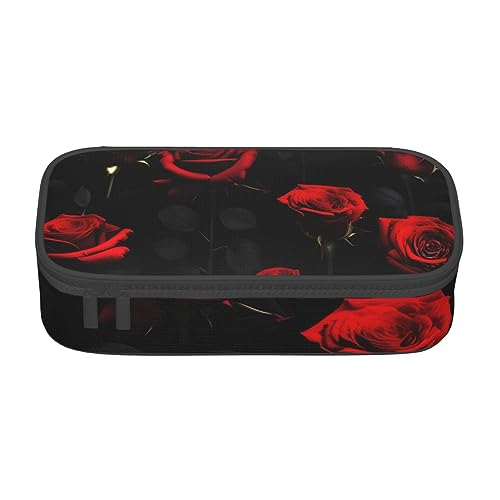 ZISHAK Federmäppchen mit rotem Rosen- und schwarzem Hintergrund, große Stiftehalter-Box, Make-up-Stifte Tasche, Oxford-Stofftasche, großer Organizer von ZISHAK