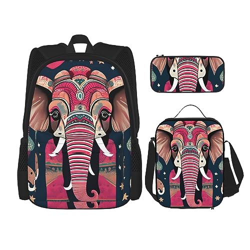 ZISHAK Rucksack mit Bohemian-Elefanten-Muster, leicht, bedruckt, Federmäppchen, isolierte Lunchtasche, Kombination, dreiteiliger Anzug, Tagesrucksack von ZISHAK