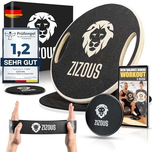 ZIZOUS® Premium Balance Board TESTSIEGER Komplettset - Hochwertiges Wackelbrett inkl. Antirutschmatte 2 Slider und Fitnessband - Gleichgewichtstrainer mit Handgriffen - Balance-Board schwarz mit Ebook von ZIZOUS