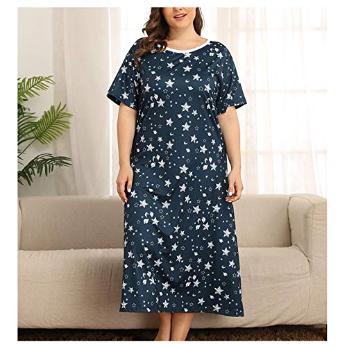 ZJML Damen-Pyjama in Übergröße, Langes, Kurzärmeliges Nachthemd, Hauskleidung Mit Sternenmuster,Blau,4XL von ZJML