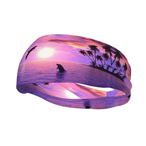 Dekoratives Schweißband mit Sonnenuntergang-Delfin-Druck, atmungsaktiv, schweißableitendes Stirnband für Damen und Herren von ZKZBDPLK
