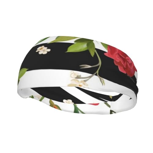 Schwarz-weiße Streifen, rote Rosen-Blumen, dekoratives Schweißband, atmungsaktiv, schweißableitendes Stirnband für Männer und Frauen von ZKZBDPLK