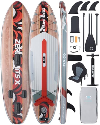 ZLX 10.5 FT Aufblasbares Stand Up Paddle Board - Premium SUP Board für alle Skill Levels,Stabiles Design,Rutschfestes Deck,Verstellbare Paddel Paddling, Leash & Tragetasche inklusive (Rot) von ZLX