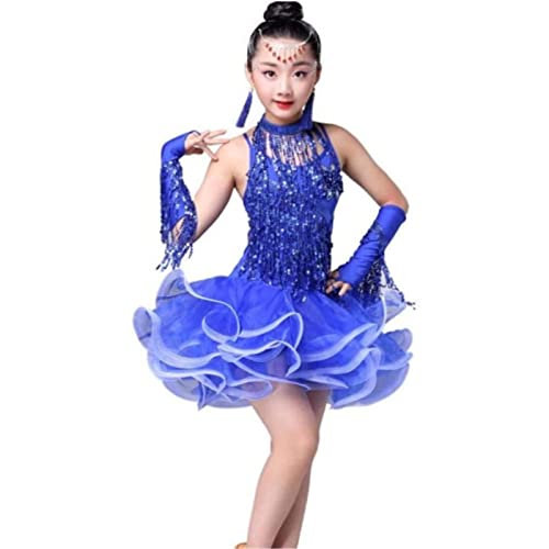 ZLZNX Lateinamerikanisches Tanzkleid für Kinder Puffy-Kleid Tanz kostümwettbewerb,Blau,140 von ZLZNX