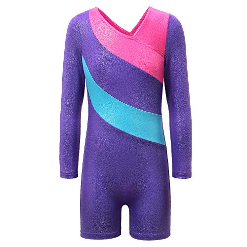 ZNYUNE Mädchen Kinder langärmelig Turnanzug Gymnastikanzug Trikot Leotard Gymnastikbody Turnbody (Lila, 8-9 Jahre(Tag No.140)) von ZNYUNE