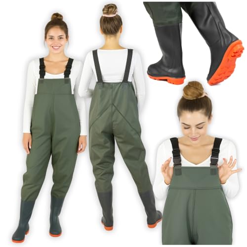 ZOLTA Wathose mit integrierten Stiefeln PVC 100 wasserdicht DualSeal Nähte rutschfeste Sohle verstellbare Hosenträger Brusttasche Watstiefel Angeln Arbeit Watbekleidung Größen 43 von ZOLTA