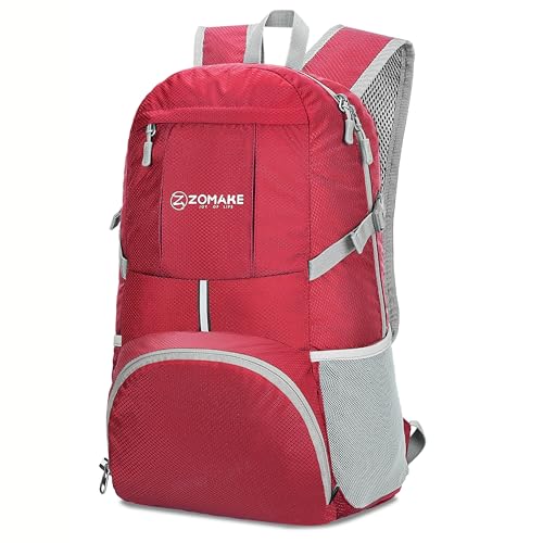 ZOMAKE 35L Leicht Faltbarer Rucksack - Packbare Backpacks,Kleiner Faltbar Rucksäcke Wanderrucksack Wasserdicht für Damen Herren Outdoor Wandern(Rot) von ZOMAKE