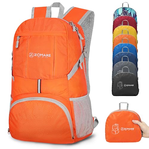 ZOMAKE 35L Leicht Faltbarer Rucksack - Packbare Backpacks,Kleiner Faltbar Rucksäcke Wanderrucksack Wasserdicht für Damen Herren Outdoor Wandern(Orange) von ZOMAKE