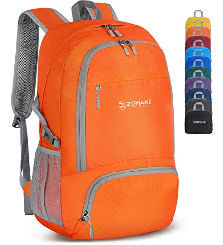 ZOMAKE Leicht Faltbarer Rucksack - Packbare Backpacks 30L,Kleiner Faltbar Rucksäcke Wanderrucksack Wasserdicht für Damen Herren Outdoor Wandern(Orange) von ZOMAKE